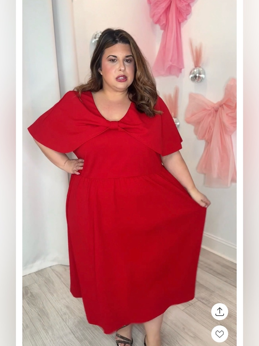 Plus Red Midi Dress with Bow Cape Trim